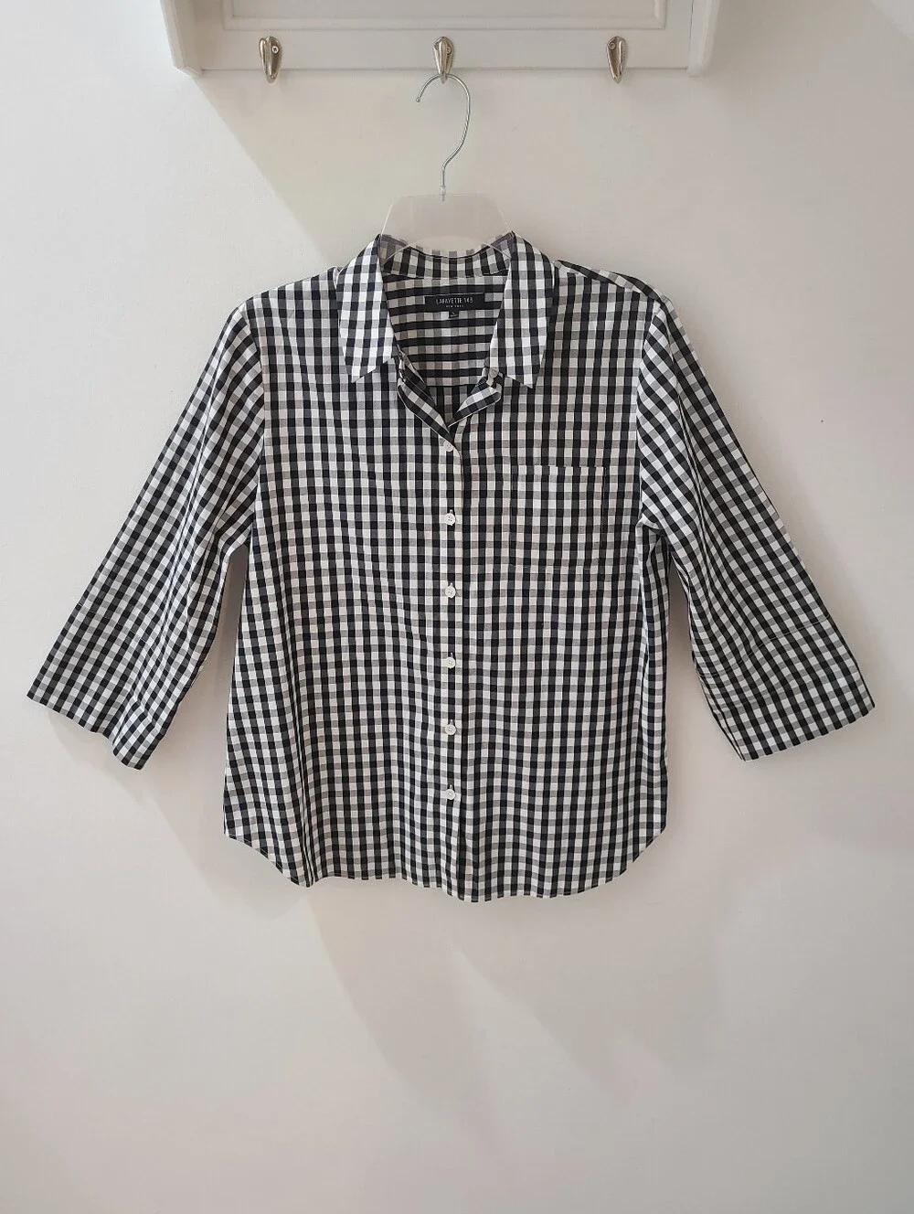 Lafayette 148 Black & White Check ¾ Sleeve Button Front Shirt Sz L - Picture 3 of 11